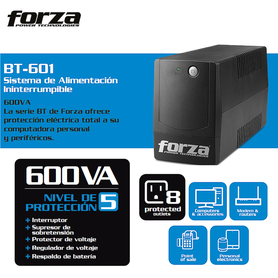 Ups Interactiva Forza Bt-601, 600va/360w, 8 Tomas, Regulador