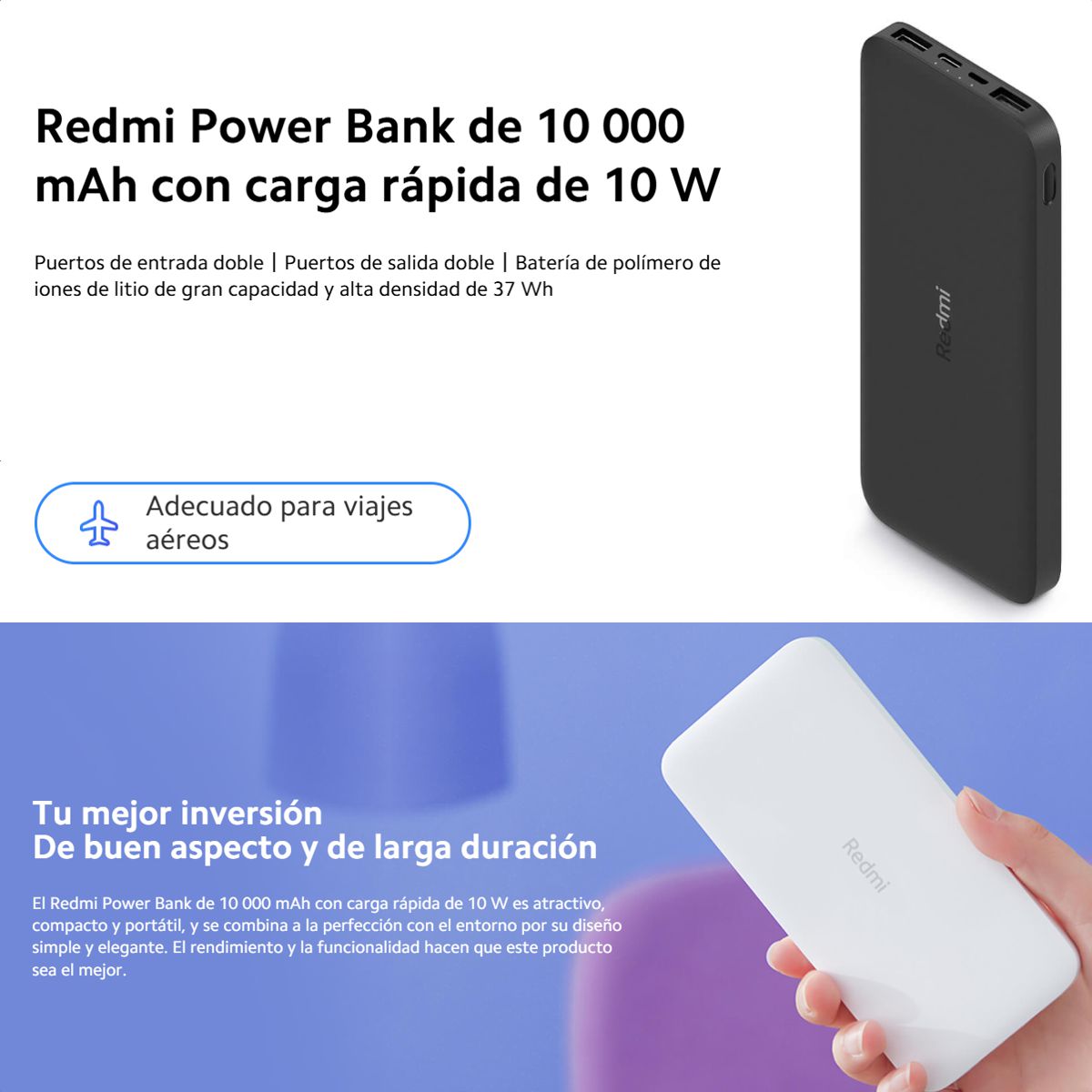 Xiaomi Redmi Power Bank 10000mah Carga Rápida 10w/37wh Usb-c