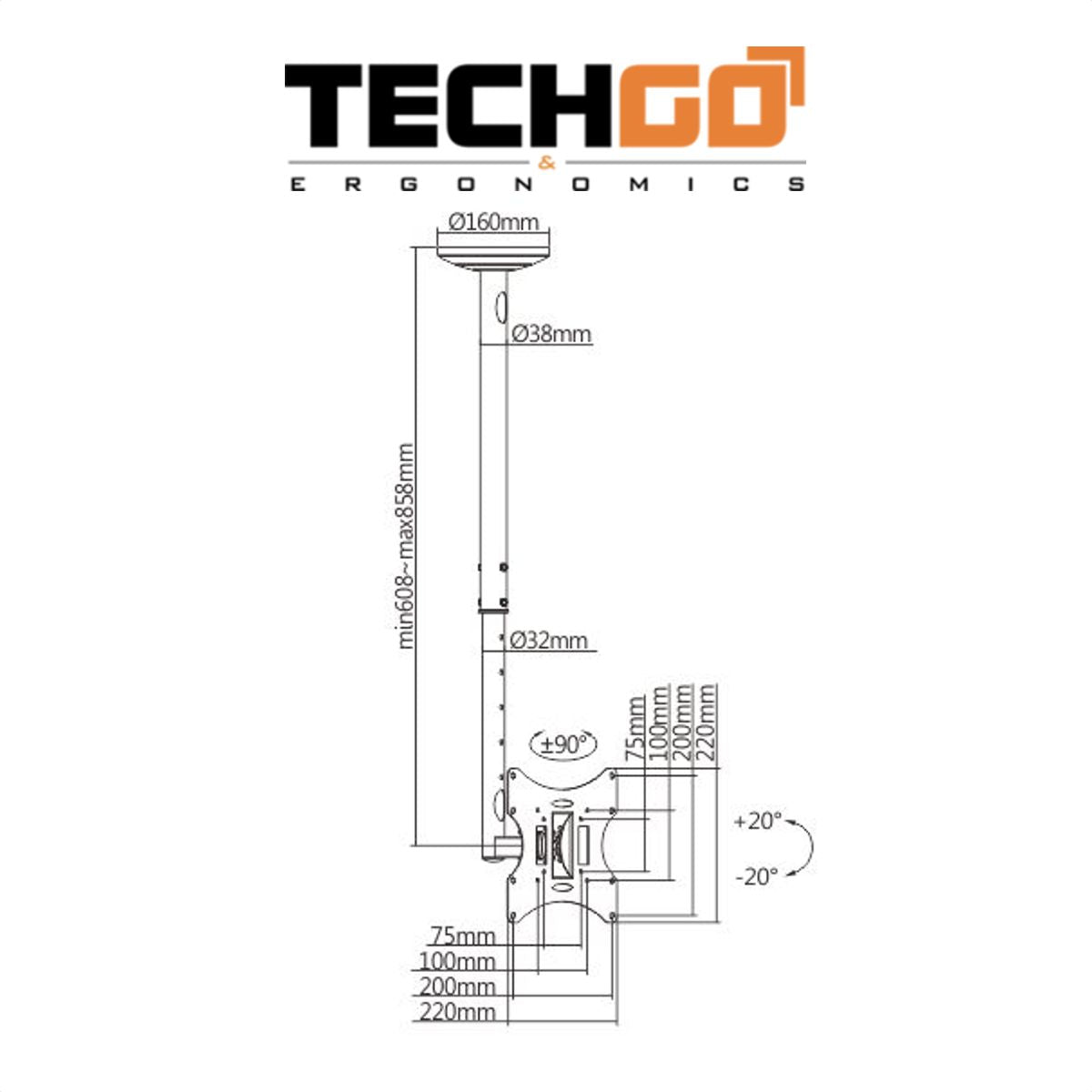 Soporte De Techo Inclina Tv 23''»55''/30kg, Techgo Spt-2202a
