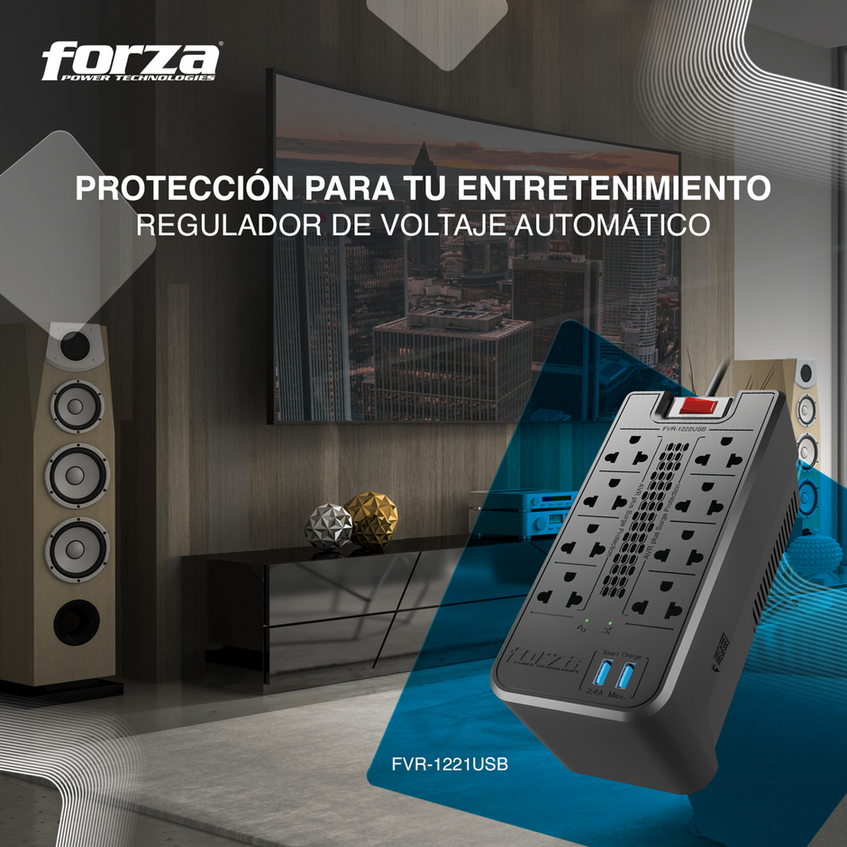 Regulador De Voltaje Automático Forza 1200va, 8 Tomas, 2 Usb