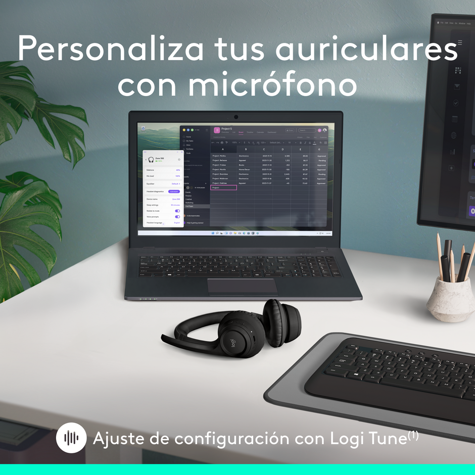Diadema Profesional Bluetooth, Logitech Zone 300, Con Micrófono, Negro