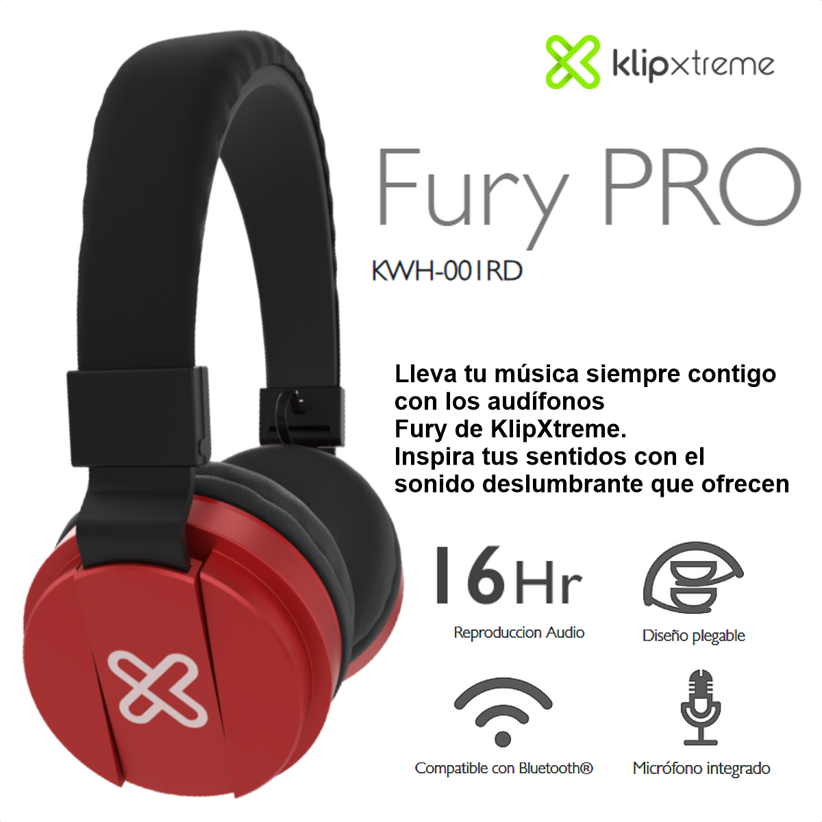 Diadema Inalámbrica Bluetooth Klip Xtreme Fury Pro KWH-001 con Micrófono / Rojo