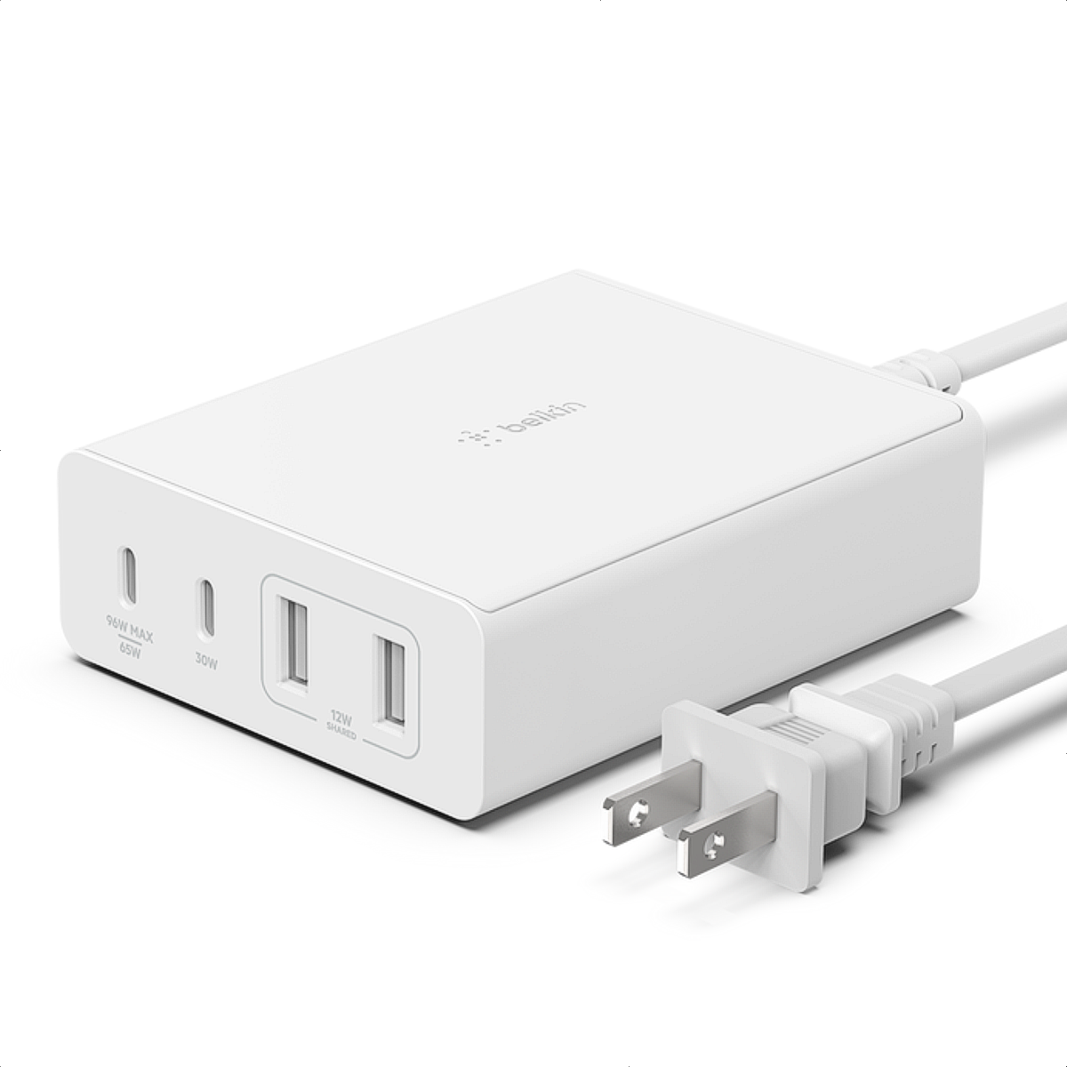 Cargador de Pared Belkin BoostCharge Pro WCH010dqWH GaN 108W con 2 USB-C y 2 USB-A Blanco
