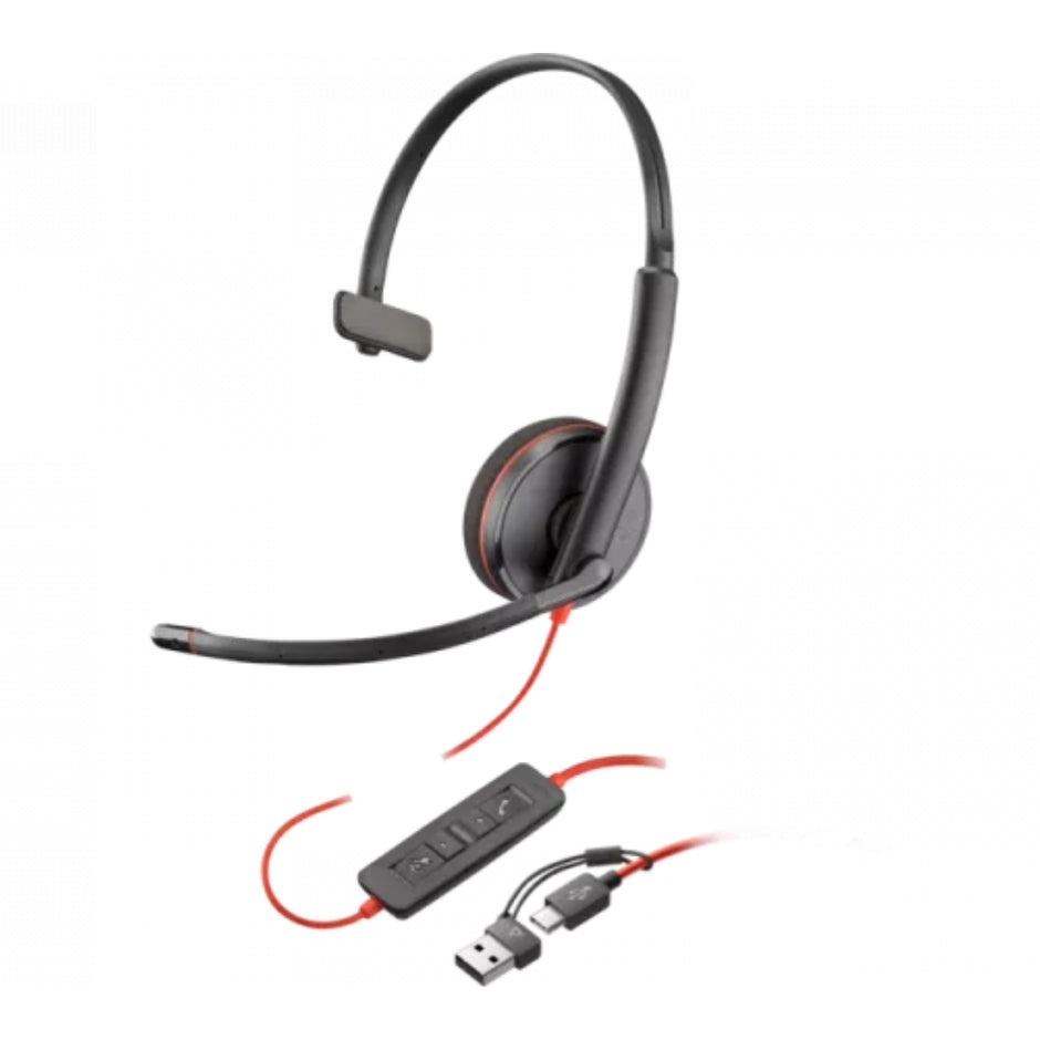 Audífonos Diadema Profesional Poly Blackwire 3210 Monoaural USB-C/A Micrófono Control Volumen Call Center