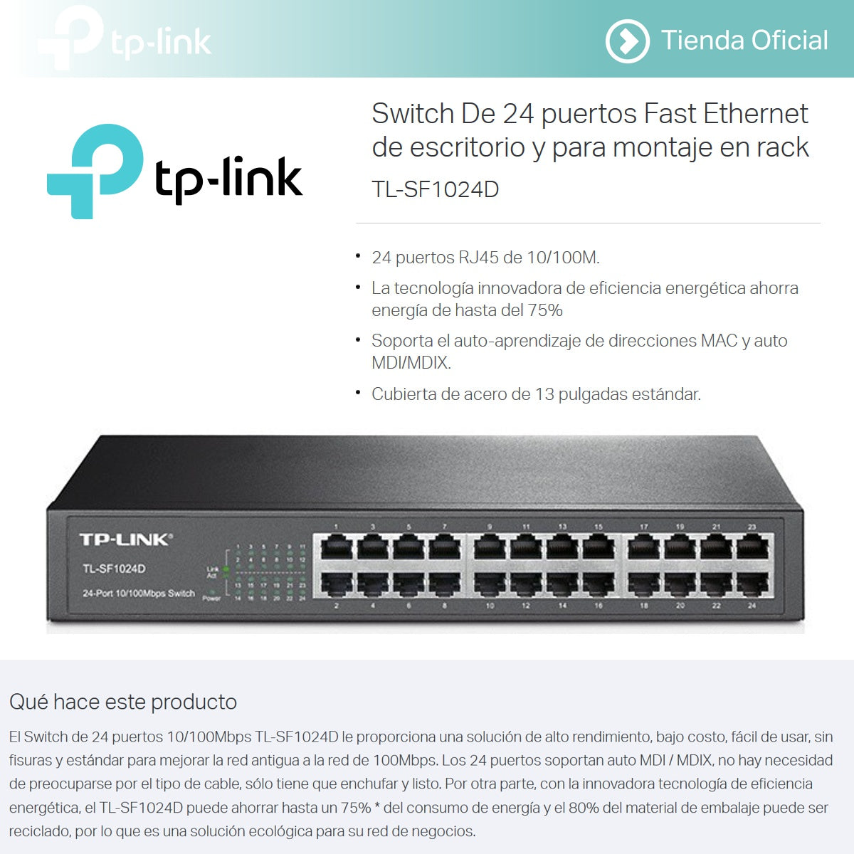 Switch 24 Puertos 10/100 Escritorio/rack, Tp-link Tl-sf1024d