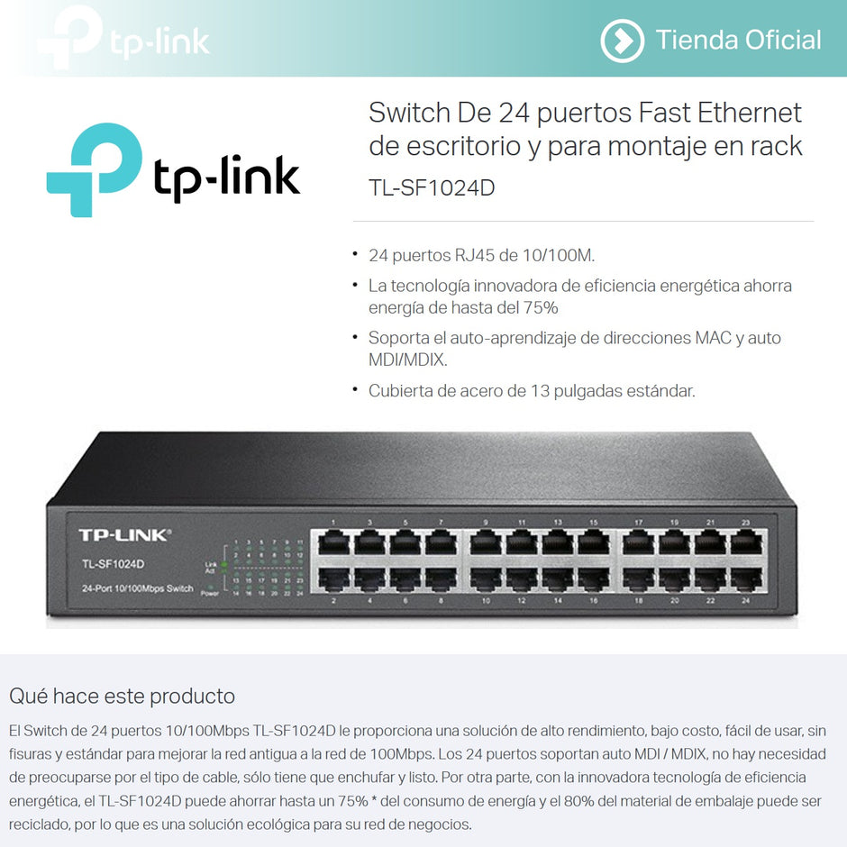 Switch 24 Puertos 10/100 Escritorio/rack, Tp-link Tl-sf1024d