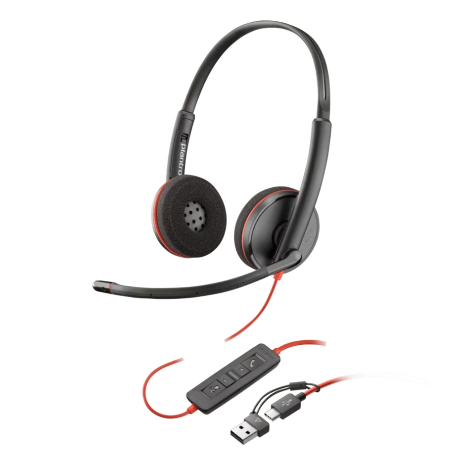 Diadema Alambrica HP Poly BW 3220 USB-C + USB-A con Microfono, Negro/Rojo