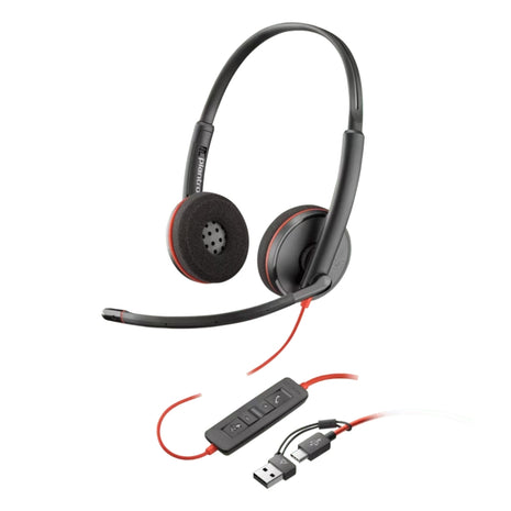 Diadema Alambrica HP Poly BW 3220 USB-C + USB-A con Microfono, Negro/Rojo
