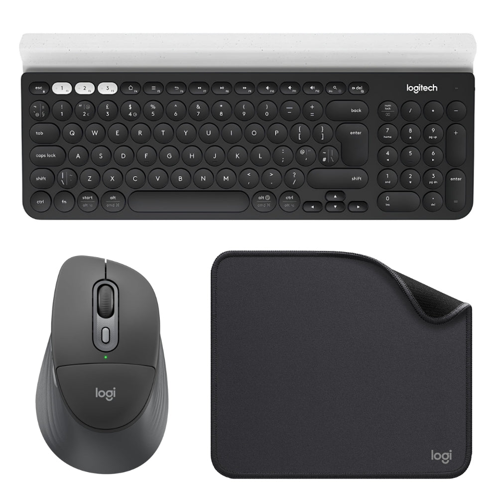 Teclado Inalámbrico Logitech K780 Multidispositivo Bluetooth/Unifying con Base para Tablet y Celular + Mouse Inalámbrico Logitech Signature Comfort Plus M850 L + Pad Mouse Studio Series