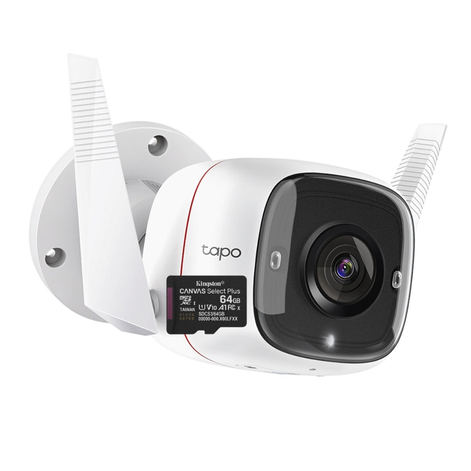 Cámara Seguridad Exterior TP-Link Tapo C310 Wi-Fi 3MP Rotación 360° IP66 Visión Nocturna y Alarma Inteligente  + Micro SD 64GB