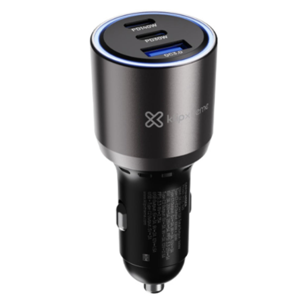 Cargador De Carro KlipXtreme PowerCar KCC-140, 3 Puertos (2 USB-C, 1 USB-A), 140W, Negro