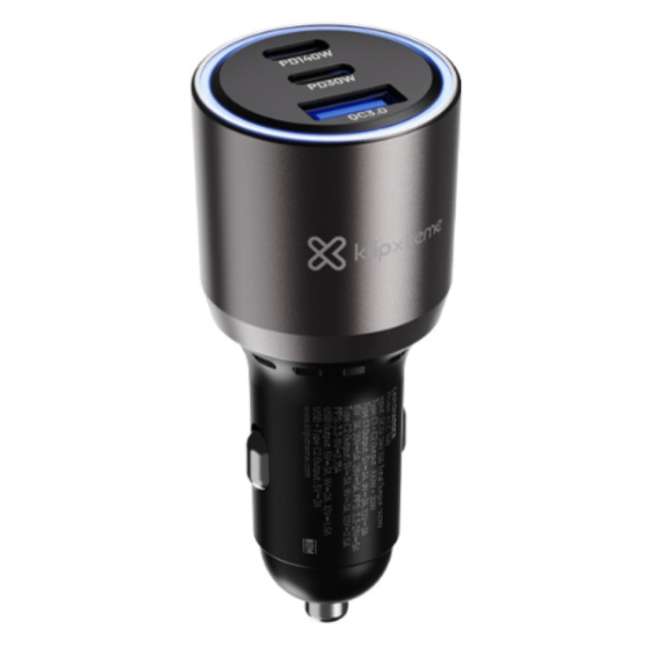 Cargador De Carro KlipXtreme PowerCar KCC-140, 3 Puertos (2 USB-C, 1 USB-A), 140W, Negro