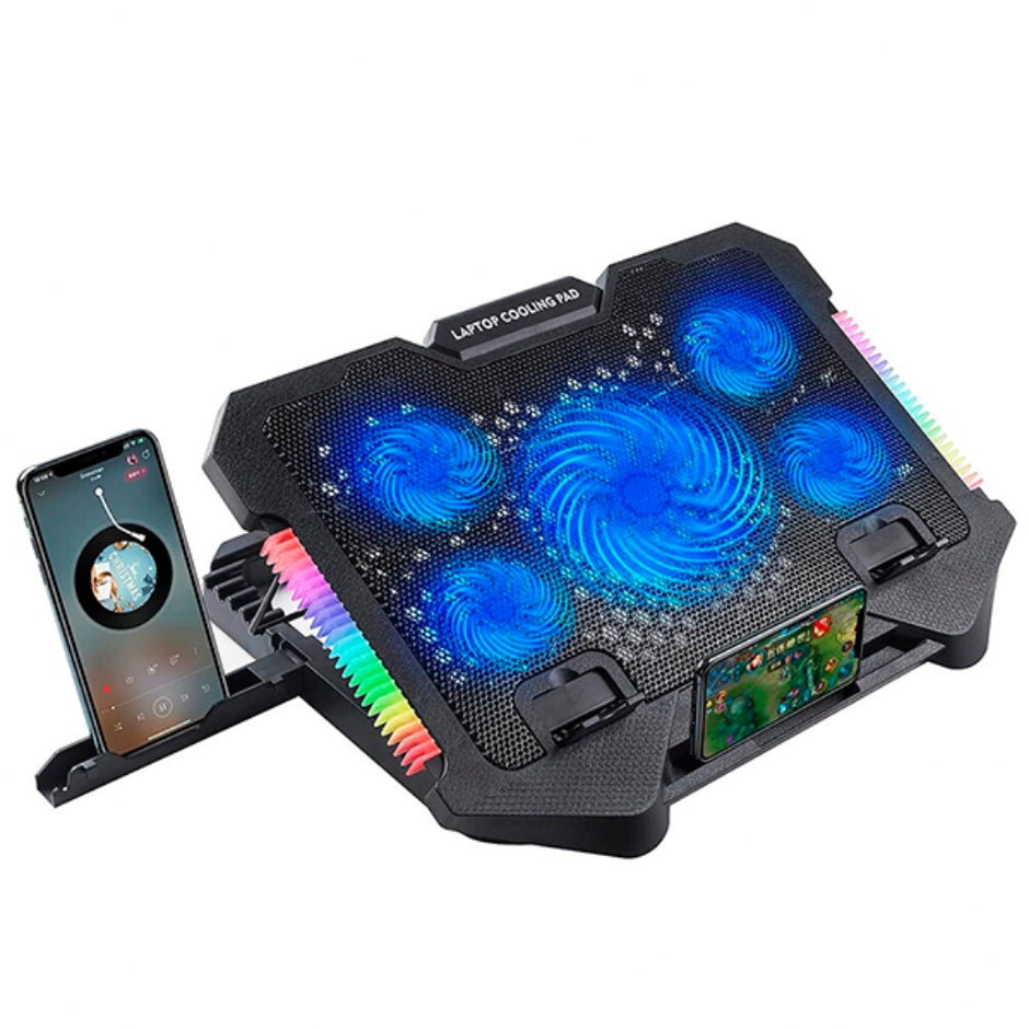Base Refrigerante Pro Gaming S500 con 5 Ventiladores RGB, Soporte Celular y 2 Puertos USB