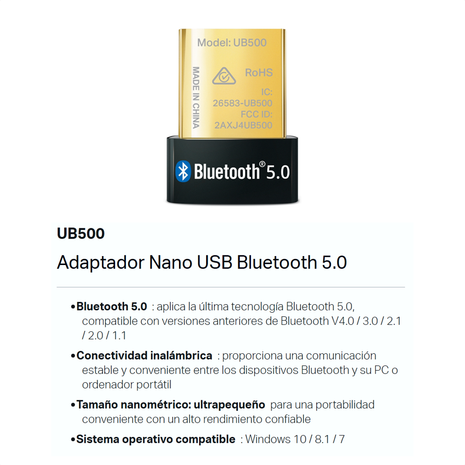 Adaptador Nano USB Bluetooth Versión 5.0, TP-Link UB500