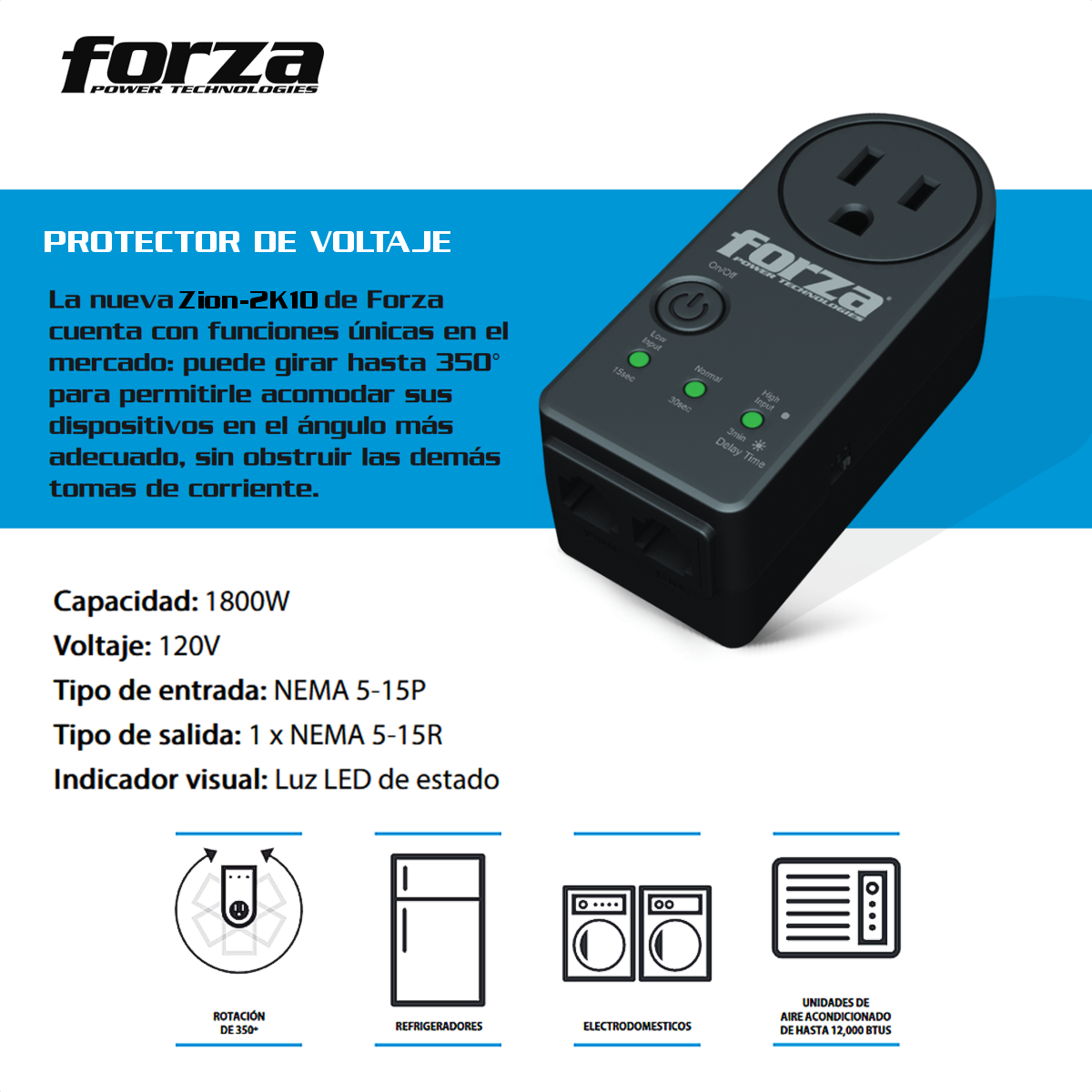 Protector de Voltaje Forza FVP-1201N 900J/1800W Protección contra Picos PC y Electrodomésticos