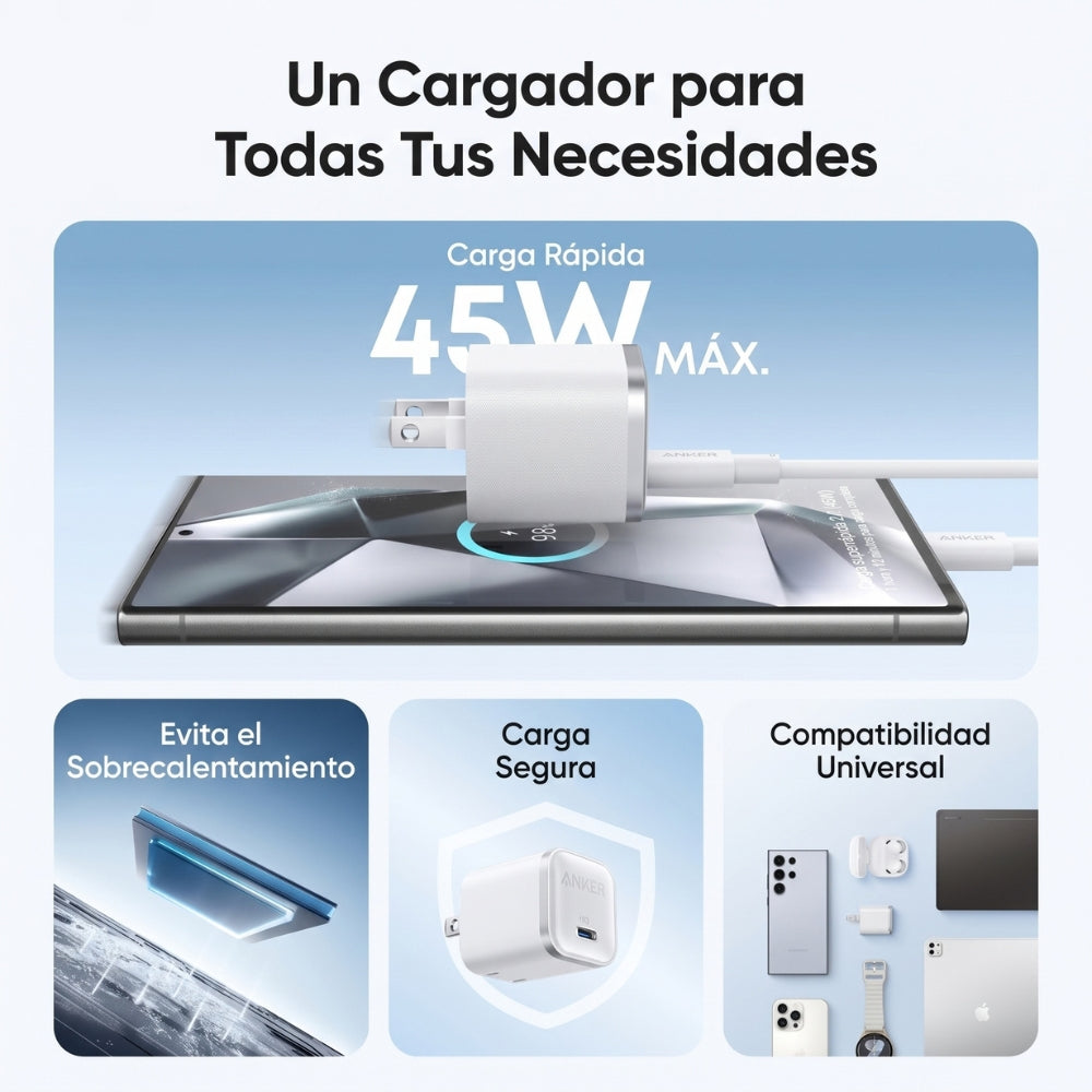 Cargador Anker Nano 45W USB-C GaN Carga Rápida Compacto para iPhone, Android y iPad Blanco