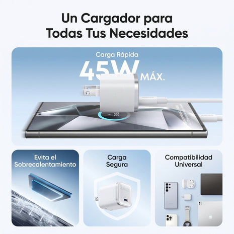Cargador Anker Nano 45W USB-C GaN Carga Rápida Compacto para iPhone, Android y iPad Blanco