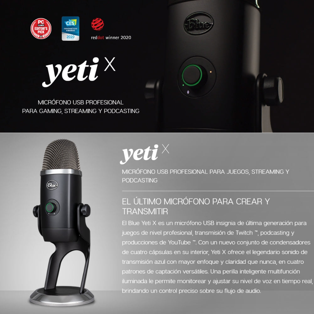 Micrófono Profesional USB Multipatrón Logitech Blue Yeti X Streaming/Gaming VO!CE 24-bit/48kHz - Negro