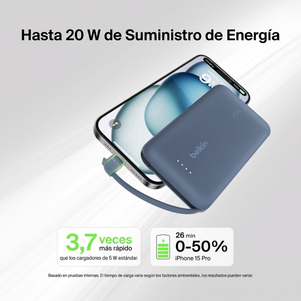 Batería Portátil Power Bank Belkin BoostCharge 10000mAh 20W Power Delivery Cable USB-C Integrado - Azul