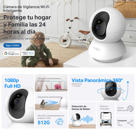 Cámara WiFi TP-Link Tapo C200c 360° Full HD 1080p Visión Nocturna Giro e Inclinación y Compatible con Alexa + Micro SD 64GB