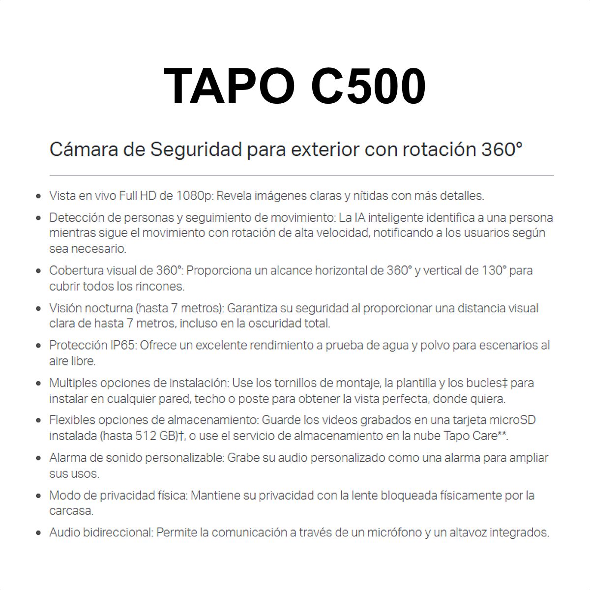 Cámara Seguridad Exterior TP-Link Tapo C500 Wi-Fi 1080p Rotación 360° IP65 Rastreo Inteligente Alarma + Micro SD 128GB