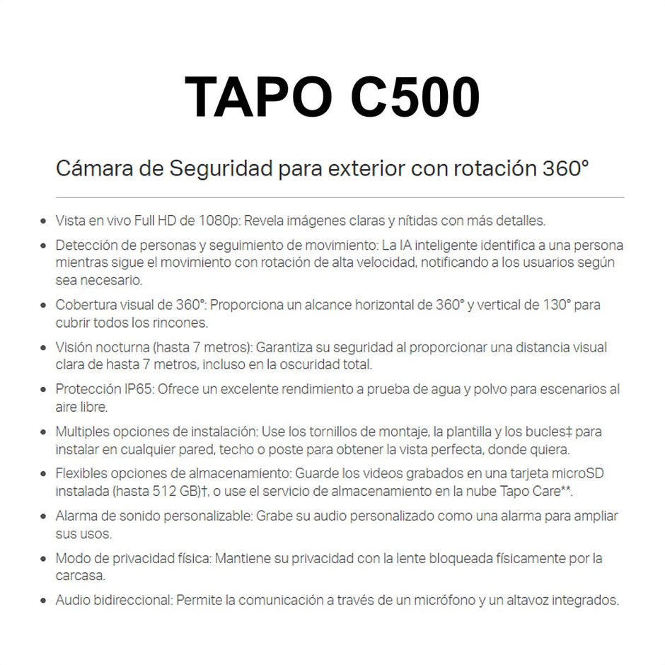 Cámara Seguridad Exterior TP-Link Tapo C500 Wi-Fi 1080p Rotación 360° IP65 Rastreo Inteligente Alarma + Micro SD 128GB