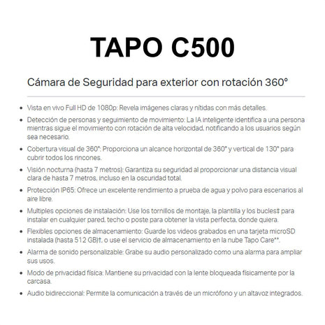 Cámara Seguridad Exterior TP-Link Tapo C500 Wi-Fi 1080p Rotación 360° IP65 Rastreo Inteligente Alarma + Micro SD 256GB