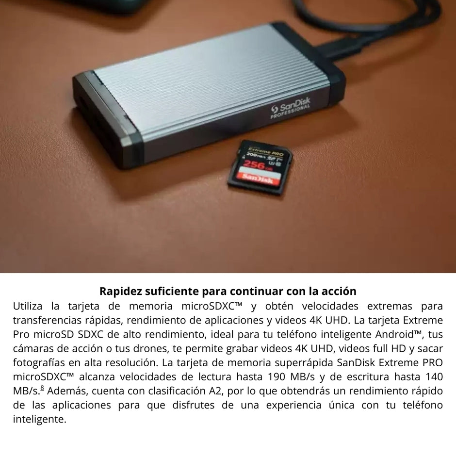Memoria Micro SD 256GB SanDisk Extreme PRO 200MB/s A2 V30 U3 4K UHD GoPro Drone + Adaptador SD