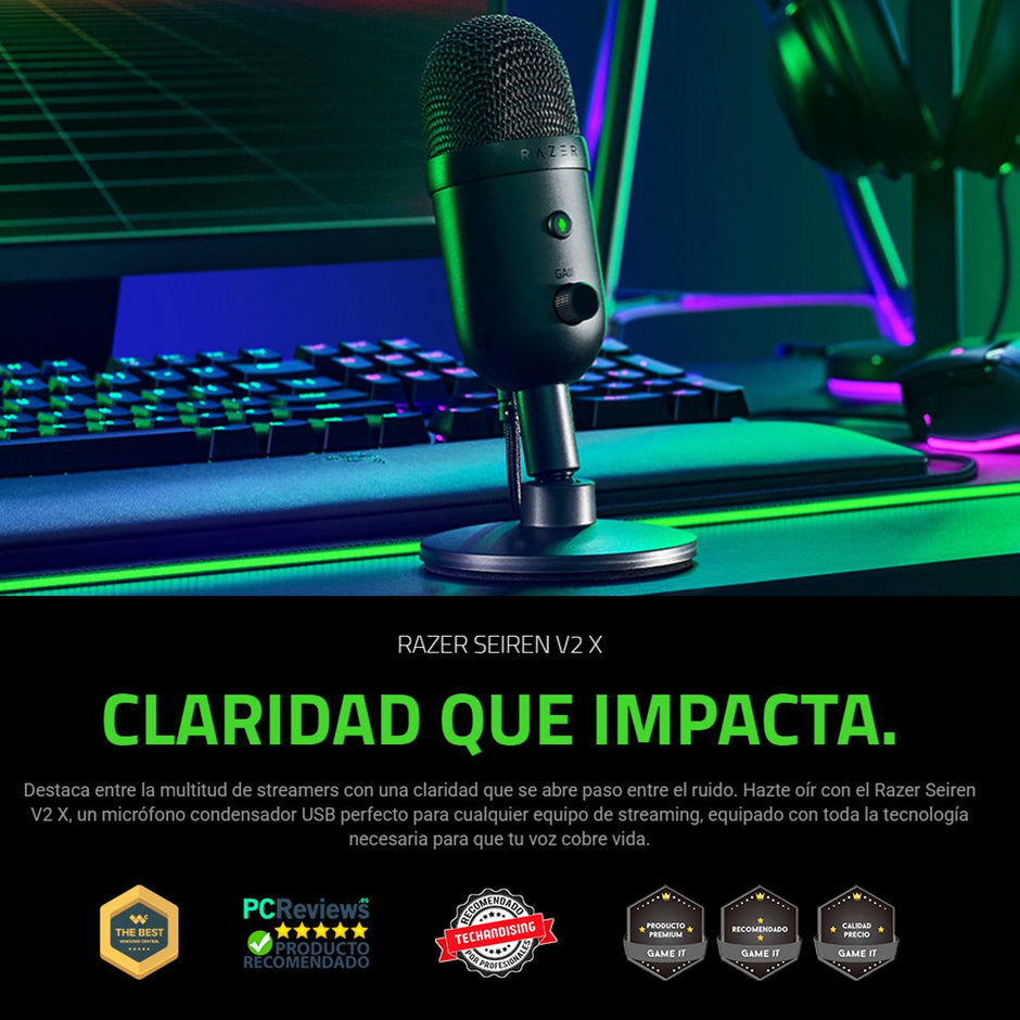 Micrófono Condensador USB-C Razer Seiren V2 X Streaming Gaming 24 Bits 192kHz Plug and Play Negro