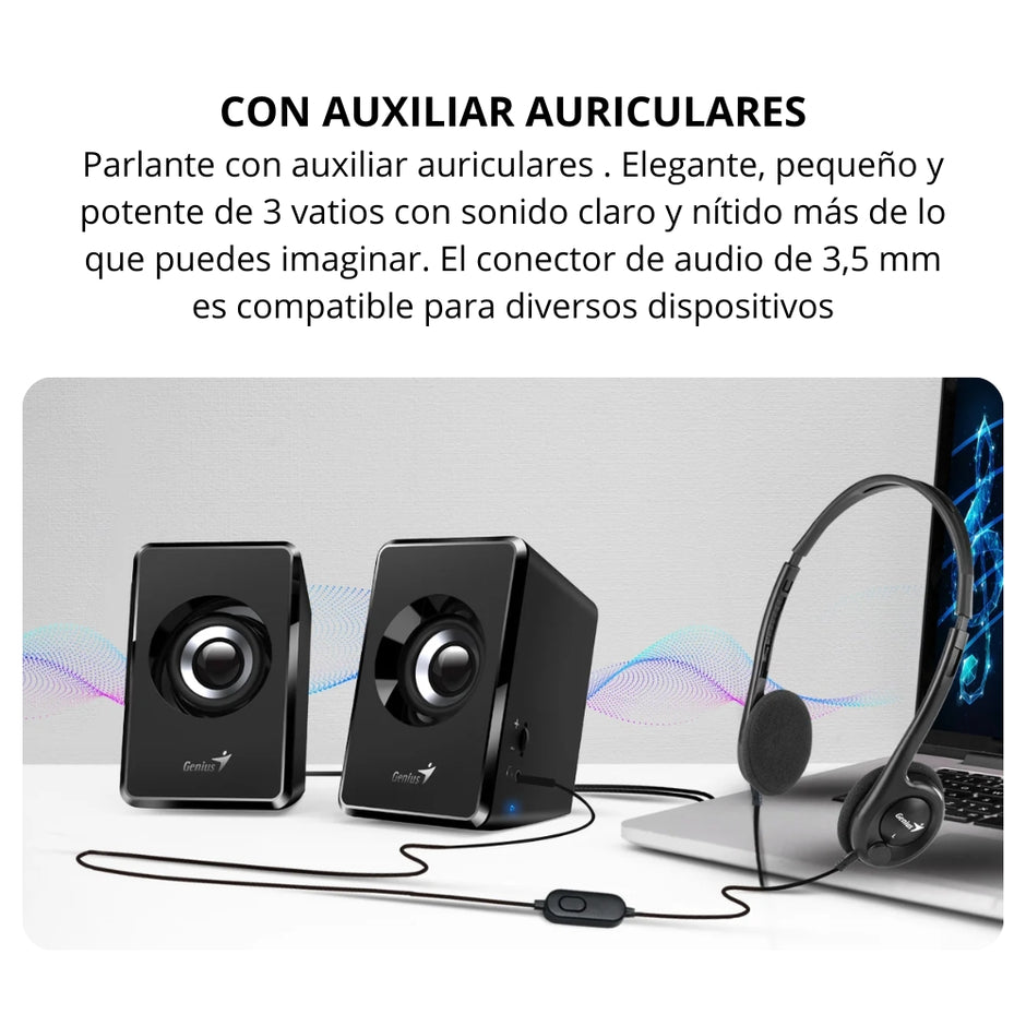 Parlantes USB Genius SP-U125 Sonido Estéreo 3W y Control de Volumen con Entrada 3.5mm - Negro/Azul