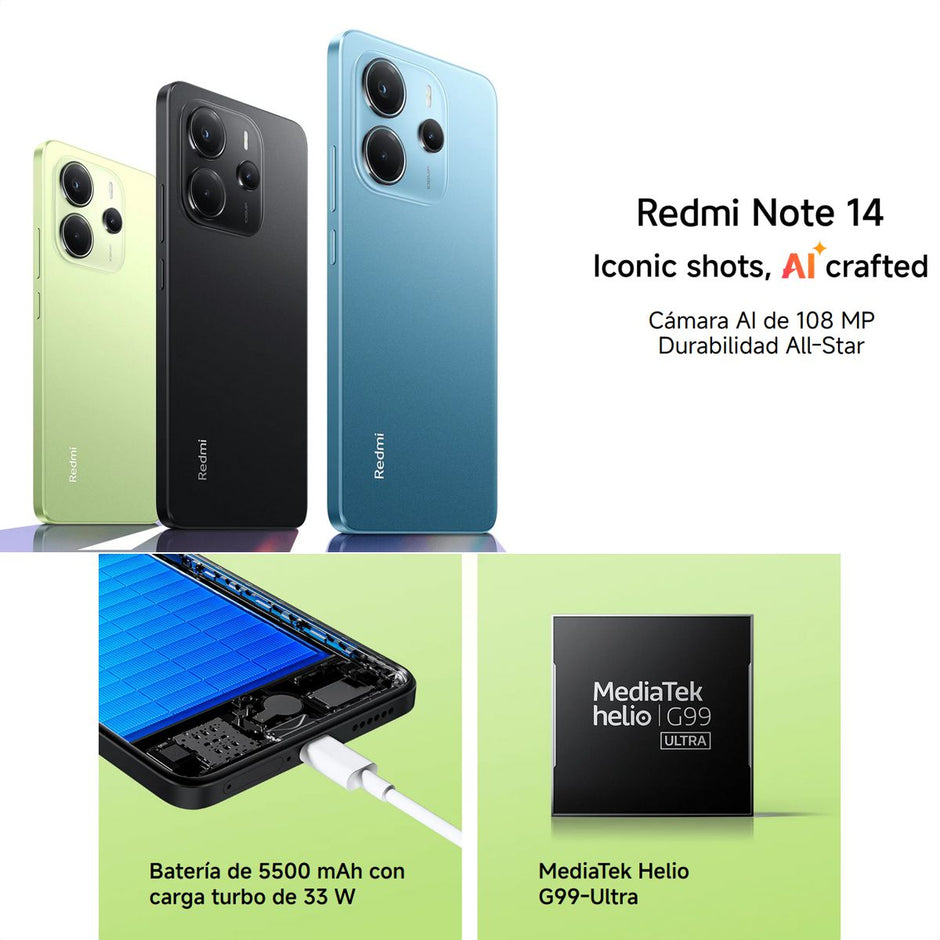 Celular Xiaomi Redmi Note 14 Dual SIM 4G, AMOLED 6.67'' 256GB/8GB Cámara 108MP IP54 5500mAh/33W, Negro
