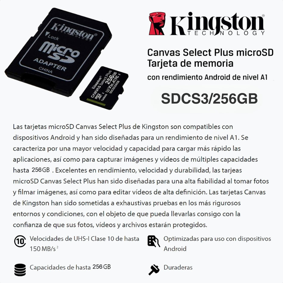 Memoria Micro SD Kingston 256GB Canvas Select Plus 150MB/s A1 C10 U1 V10 Android + Adaptador SD
