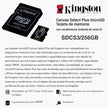 Memoria Micro SD Kingston 256GB Canvas Select Plus 150MB/s A1 C10 U1 V10 Android + Adaptador SD