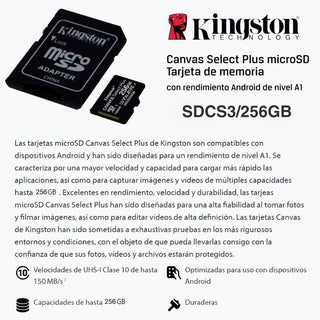 Memoria Micro SD Kingston 256GB Canvas Select Plus 150MB/s A1 C10 U1 V10 Android + Adaptador SD