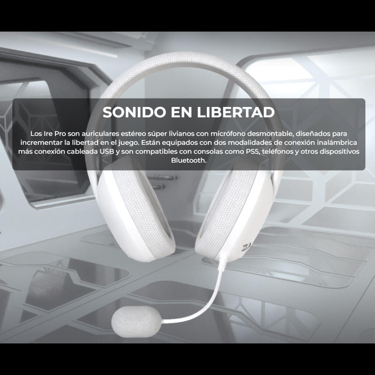 Diadema Gamer Inalámbrica Redragon Ire Pro H848 Bluetooth 2.4GHz USB Micrófono Desmontable PC PS5 - Gris