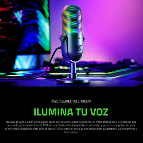 Micrófono Razer Seiren V3 Chroma USB RGB 96kHz 24bit Supercardioide para Streaming Profesional Negro