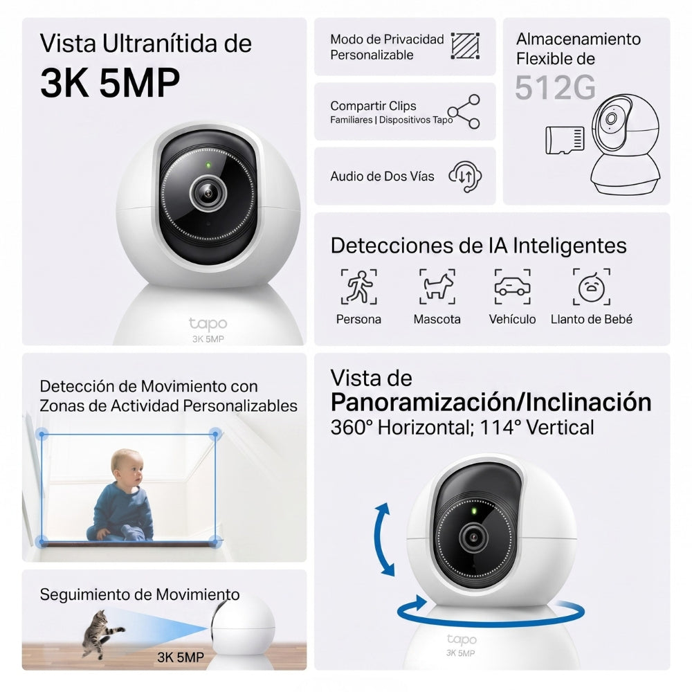 Cámara Seguridad Wi-Fi TP-Link Tapo C230 3K 5MP Robótica 360° Detección IA Visión Nocturna Mejorada