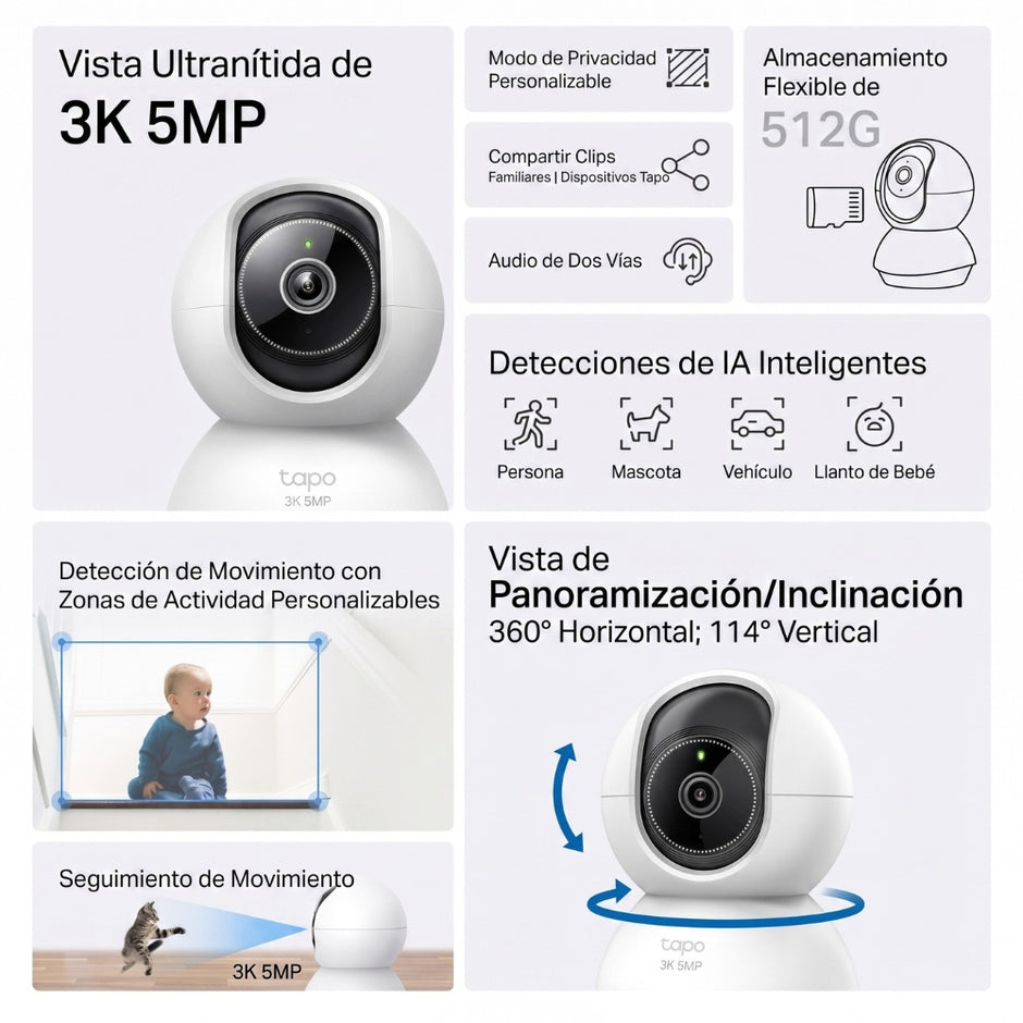 Cámara Seguridad Wi-Fi TP-Link Tapo C230 3K 5MP Robótica 360° Detección IA Visión Nocturna Mejorada