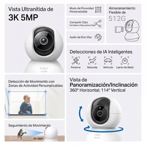 Cámara Seguridad Wi-Fi TP-Link Tapo C230 3K 5MP Robótica 360° Detección IA Visión Nocturna Mejorada