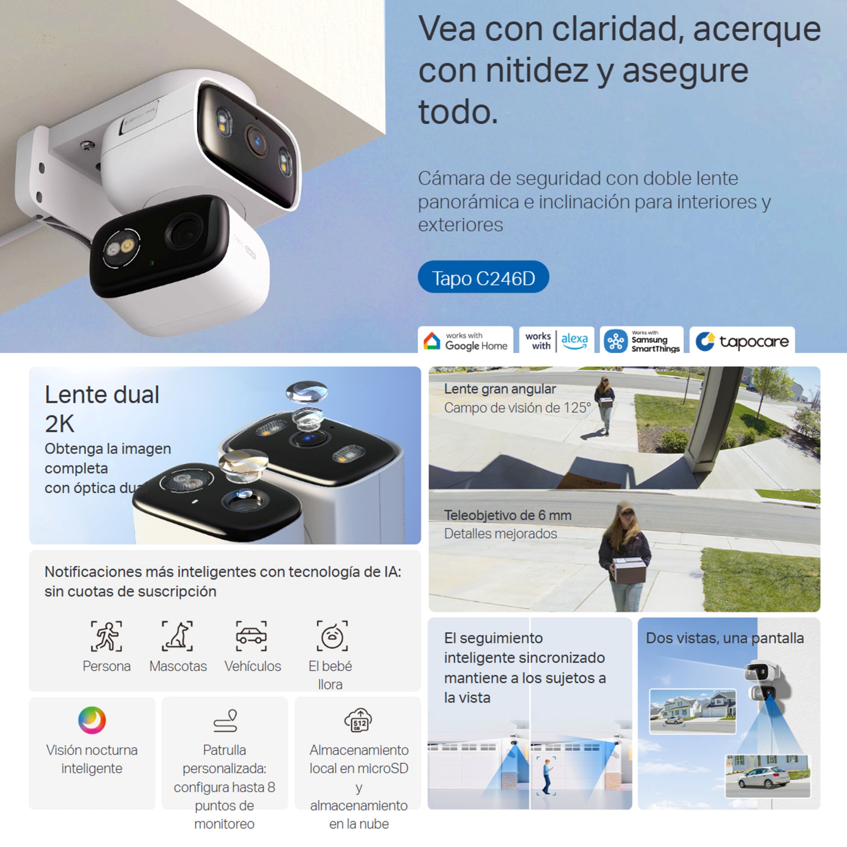 Cámara Seguridad WiFi TP-Link Tapo C246D Doble Lente 2K Exterior IP65 Visión Nocturna Color Alertas IA + Micro SD 128GB