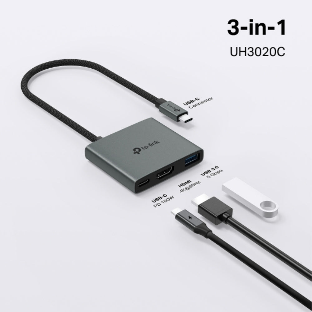 Hub USB-C TP-Link UH3020C 3 en 1 con HDMI 4K, 2x USB 3.0, USB-C PD 100W y Conexión LAN Para Laptop y PC