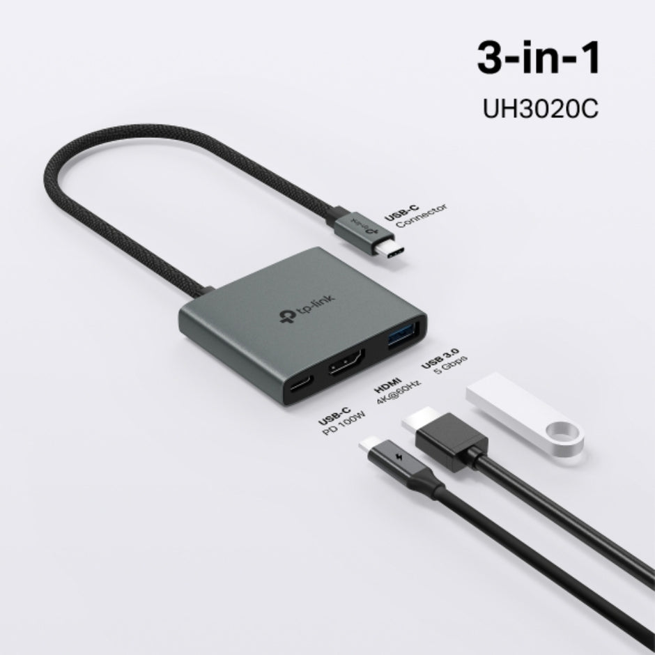 Hub USB-C TP-Link UH3020C 3 en 1 con HDMI 4K, 2x USB 3.0, USB-C PD 100W y Conexión LAN Para Laptop y PC