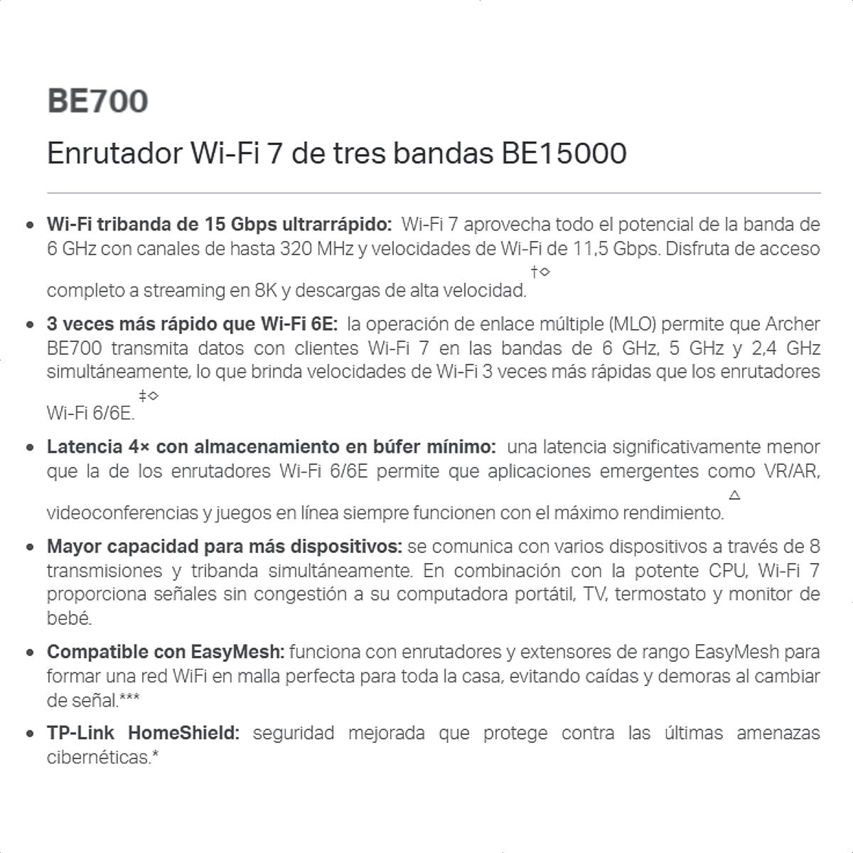 Router Wifi 7 BE15000 TP-Link Archer BE700, 15Gbps, puerto WAN 10 Gbps, puerto LAN 2.5 Gbps, EasyMesh y HomeShield