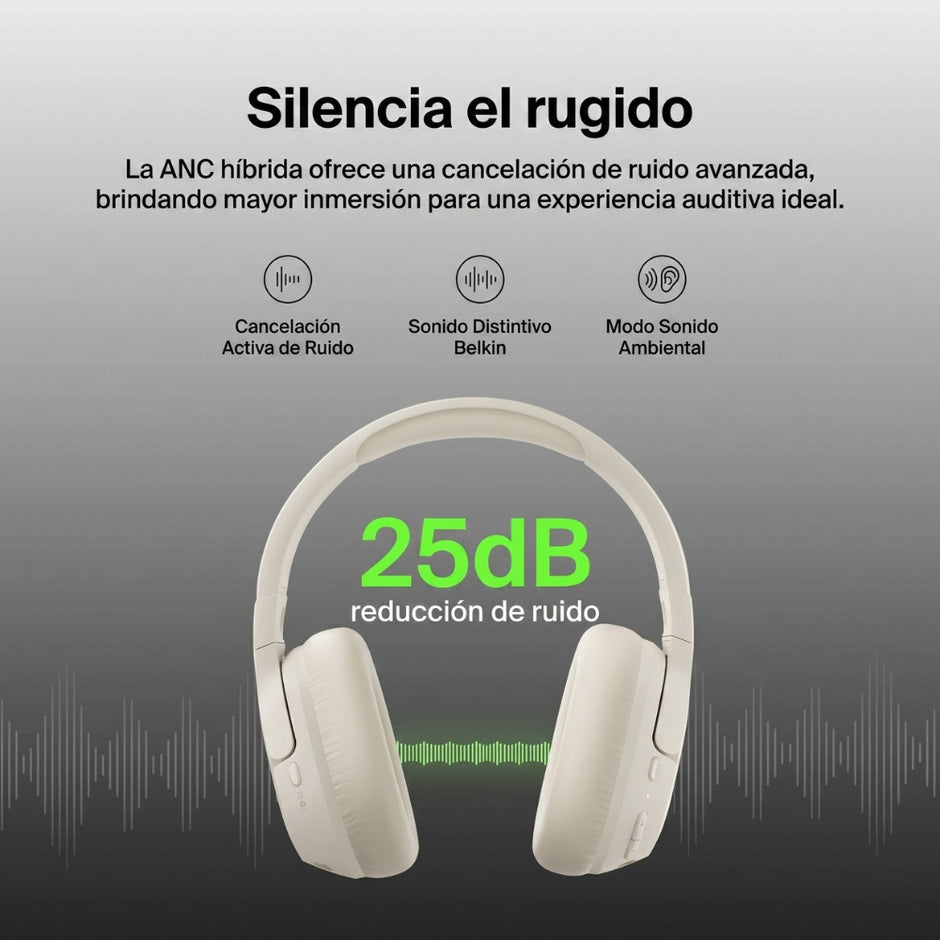 Diadema Inalámbrica Belkin AUD008fqSA con ANC Híbrido Bluetooth 5.4 y Autonomía de 60h Arena