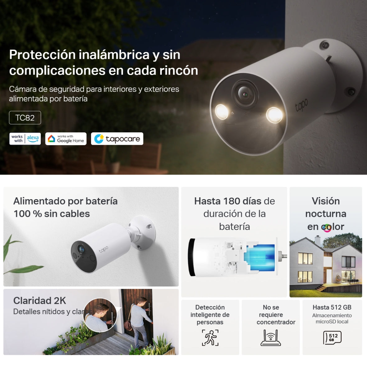 Cámara IP WiFi TP-Link Tapo TC82, para Exterior con Batería Recargable y Detección IA con IP65