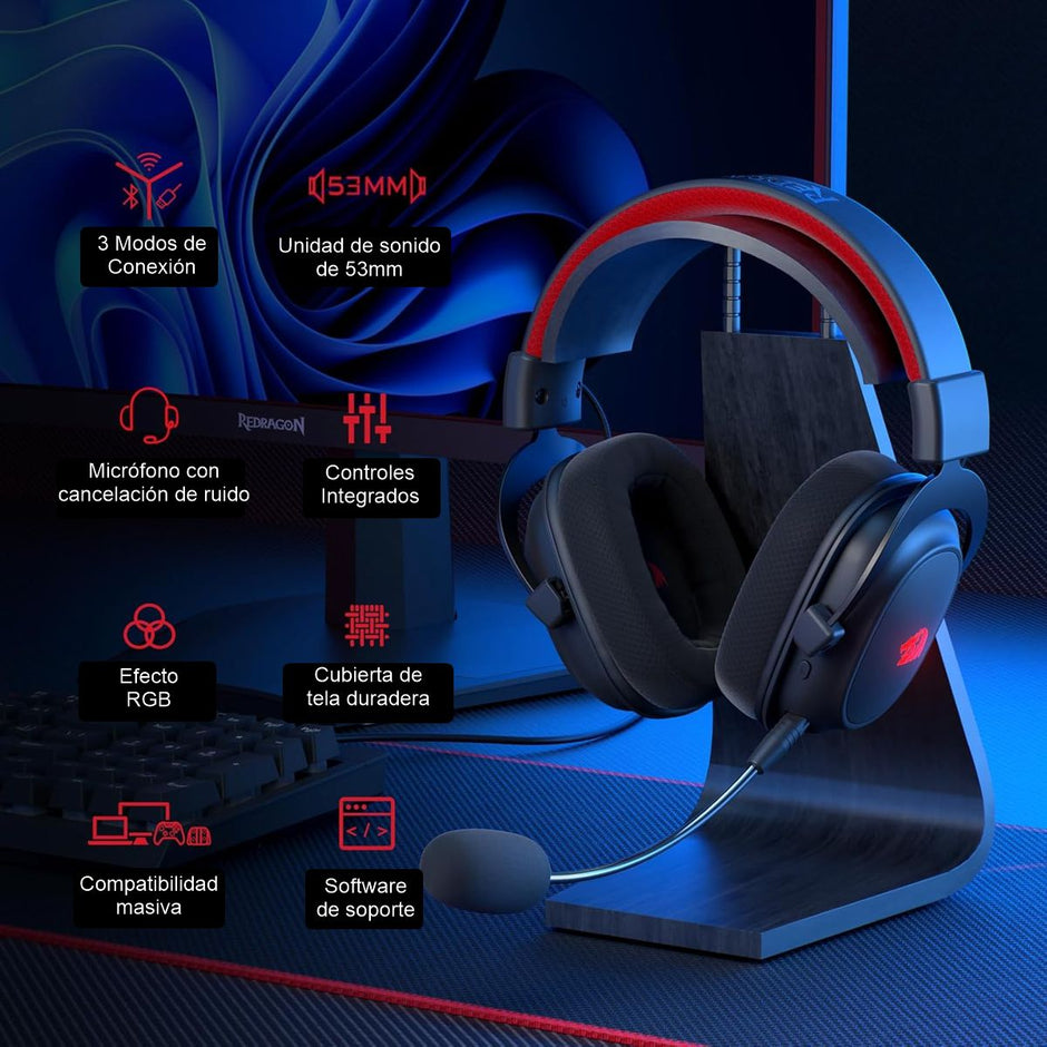 Audífonos Diadema Gamer Inalámbrica 7.1 Redragon Zeus H510 PRO Bluetooth/2.4GHz/USB Drivers 53mm - Negro