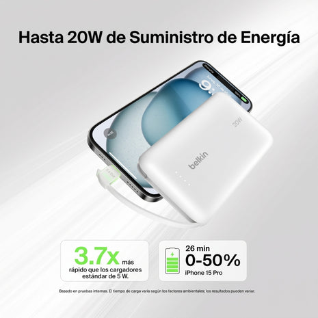 Batería Portátil Power Bank Belkin BoostCharge 10000mAh 20W Power Delivery Cable USB-C Integrado - Blanco