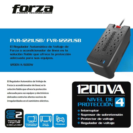 Regulador de Voltaje Automático Forza FVR-1221USB 1200VA con 8 Tomas + 2 USB AVR Protección Eléctrica
