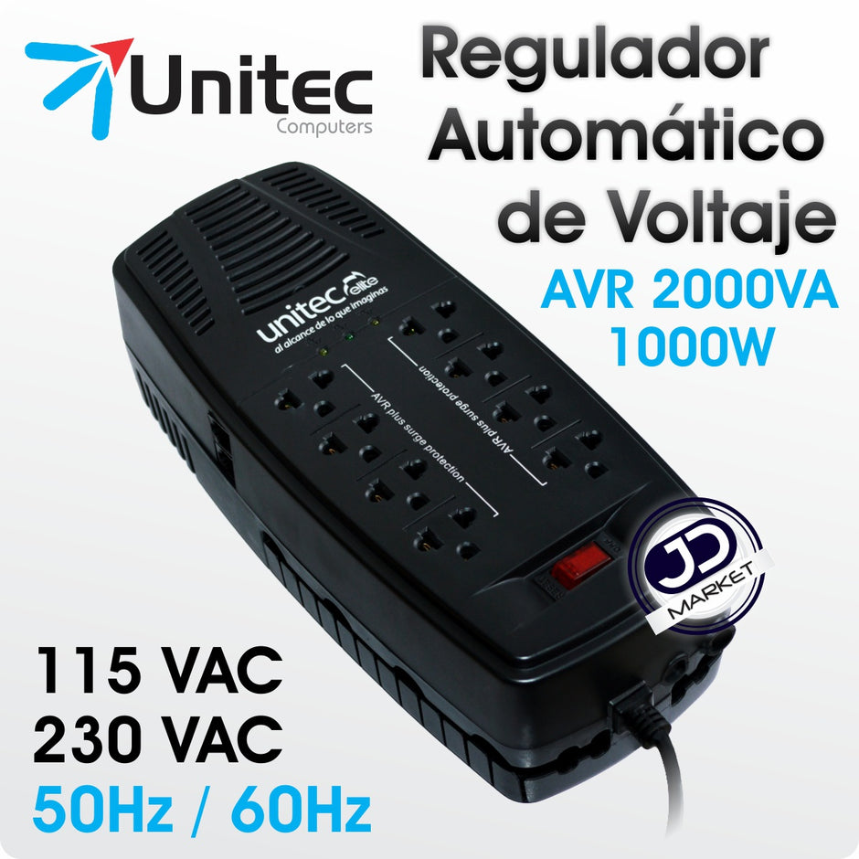 Regulador de Voltaje Automático Unitec de 2000VA con 8 Tomas Protegidas