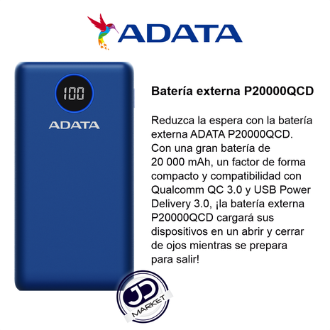 Power Bank 20000mah Carga Rápida Qc/pd Adata P20000qcd Azul